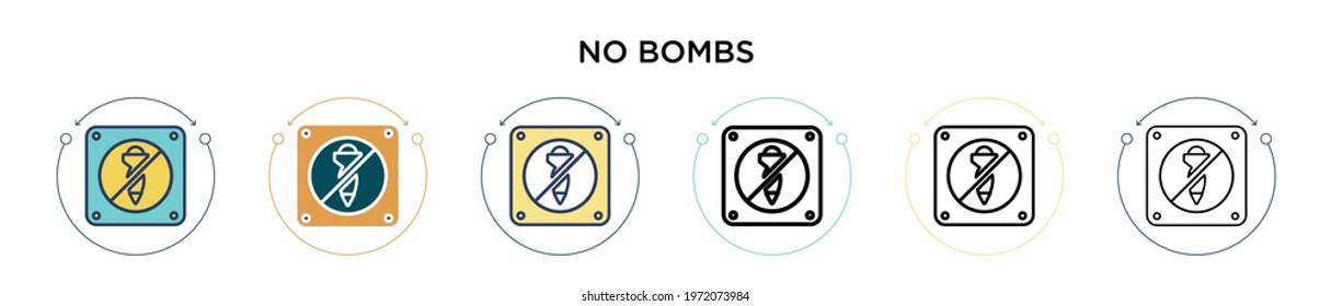 No bombs icon in filled, thin line, outline and stroke style. Vector illustration of two colored and black no bombs vector icons designs can be used for mobile, ui, web