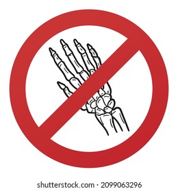 No Bone Hand Symbol Isolated on White Background. Anatomy Vector Illustration Prohibition Stop Sign.