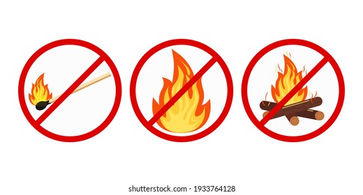 No bonfire or camping, no open fire sign set isolated on white background. Prohibition open flame symbol. Burning bonfire with sparks, wood logs in red crossed circle. Vector flat design illustration