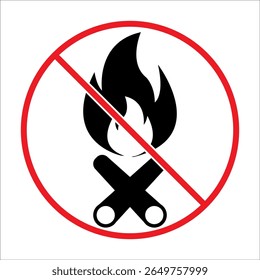 Nenhum ícone de fogueira mostrando um símbolo de fogueira riscado indicando proibição de incêndio, aviso de segurança para áreas ao ar livre, parques e zonas de conservação florestal no formato EPS 10 vetorial, que é editável.