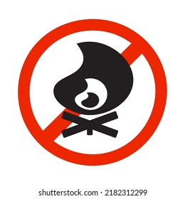 No Bonfire Sign. Do Not Open Fire, Bbq Or Campfire Flame.Fire Or Flame Icon.No Wild Fire, No Campfire, No Picnic Ban Symbol.Stop Flames Allowed Zone.Forbidding Camping Beach Forest.Vector Illustration