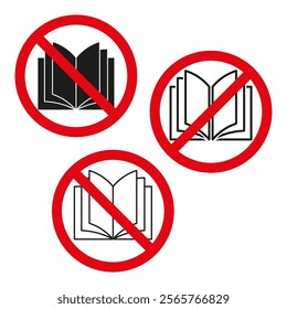 No books allowed. Prohibited open book. Red circle symbol. Forbidden reading sign.