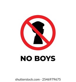 no boys allowed with male symbol - vector illustration, silhouette of half a man's face with a red prohibition symbol