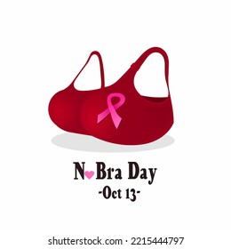 No bra day, October 13th. Vector illustration of a red bra with a pink ribbon on the front as a symbol of caring for breast cancer