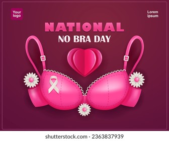 No Bra Day. A pink bra with floral elements, ribbon and heart-shaped paper. Breast cancer awareness. 3d vector. Suitable for breast health