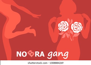 No Bra Gand. Poster for International Woman Day. Young women and roses. Design for cards, banners, flyers. Feminism concept.