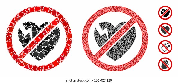 No broken heart composition of abrupt pieces in different sizes and color tints, based on no broken heart icon. Vector inequal elements are combined into collage.