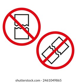 No broken objects Vector sign. Fragile item prohibition. Red circle with line. Handle with care instruction.