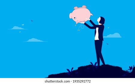 No budget business - Businesswoman holding empty piggy bank, looking for money. Poverty, broke and economic crisis concept. Vector illustration.