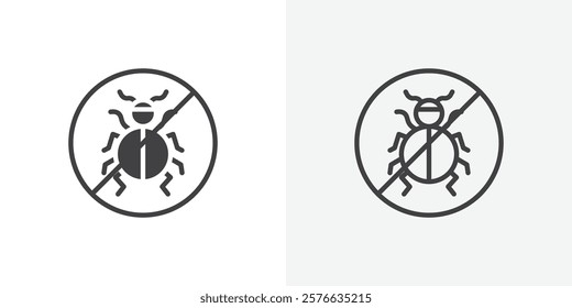 No Bug icon set in black flat solid and outlined style.