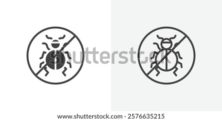 No Bug icon set in black flat solid and outlined style.