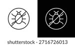 No Bug icons black and white vector, line icon set.