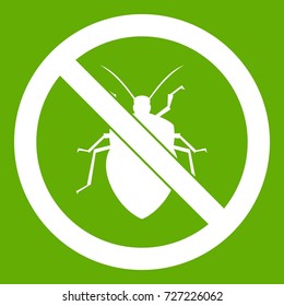 No bug sign icon white isolated on green background. Vector illustration