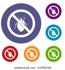 No bug sign icons set in flat circle reb, blue and green color for web