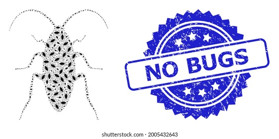 No Bugs grunge seal print and vector fractal collage cockroach. Blue seal has No Bugs text inside rosette. Vector collage is composed with randomized rotated cockroach items.
