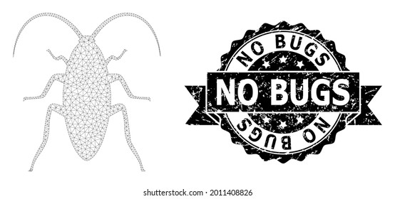 No Bugs rubber stamp and vector cockroach mesh model. Black stamp seal contains No Bugs text inside ribbon and rosette. Abstract flat mesh cockroach, created from flat mesh.