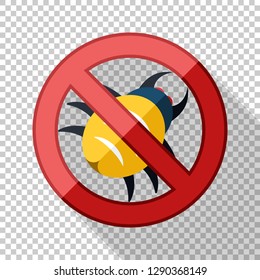 No bugs sign in flat style with long shadow on transparent background