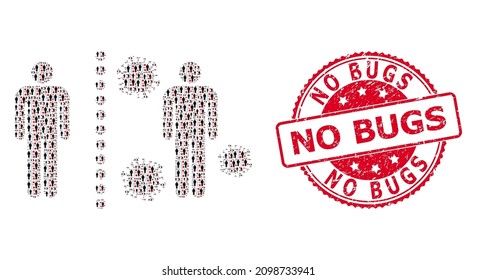 No Bugs unclean round stamp seal and vector fractal collage virus shield wall. Red stamp seal contains No Bugs title inside. Vector collage is made from repeating virus shield wall icons.