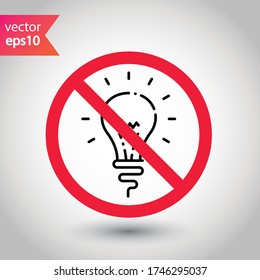 No bulb icon. Forbidden lamp icon. No idea vector sign. Prohibited light vector icon. Warning, caution, attention, restriction flat sign design. Do not turn on light icon label danger ban stop. 