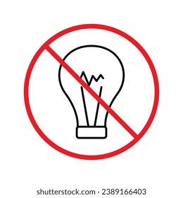 Sin icono de la bombilla. Icono de lámpara prohibida. Sin signo vectorial de idea. Icono vectorial de luz prohibido. Advertencia, precaución, atención, restricción de diseño plano de señalización. No active la etiqueta de icono de luz para detener la prohibición de peligro. UI de usuario