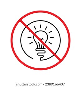 Sin icono de la bombilla. Icono de lámpara prohibida. Sin signo vectorial de idea. Icono vectorial de luz prohibido. Advertencia, precaución, atención, restricción de diseño plano de señalización. No active la etiqueta de icono de luz para detener la prohibición de peligro. UI de usuario