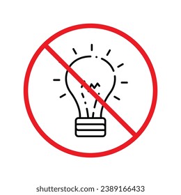 Sin icono de la bombilla. Icono de lámpara prohibida. Sin signo vectorial de idea. Icono vectorial de luz prohibido. Advertencia, precaución, atención, restricción de diseño plano de señalización. No active la etiqueta de icono de luz para detener la prohibición de peligro. UI de usuario