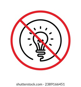 Sin icono de la bombilla. Icono de lámpara prohibida. Sin signo vectorial de idea. Icono vectorial de luz prohibido. Advertencia, precaución, atención, restricción de diseño plano de señalización. No active la etiqueta de icono de luz para detener la prohibición de peligro. UI de usuario