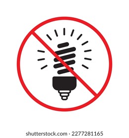 No hay icono vectorial de bombilla. Icono de lámpara prohibida. No hay idea de diseño de señas planas. Símbolo de luz prohibido. Pictograma de advertencia, precaución, atención, restricción. No active la etiqueta de icono de luz para detener la prohibición de peligro. 