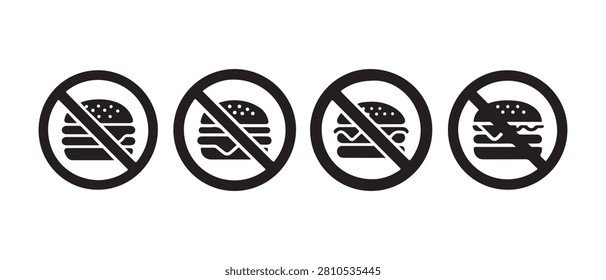 No burger icons set. Forbidden fast food signs. Prohibited cheeseburger symbols for diet warning.