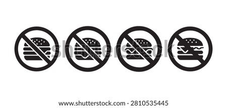 No burger icons set. Forbidden fast food signs. Prohibited cheeseburger symbols for diet warning.