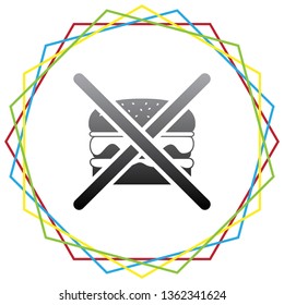 No burger sign. Vector. Black icon with patch of light inside colorful hexagonal frames at white background.