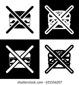 No burger sign. Vector. Black and white icons and line icon on chess board.