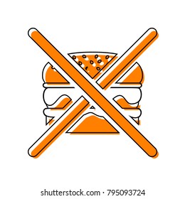 No burger sign. Vector. Black line icon with shifted flat orange filled icon on white background. Isolated.