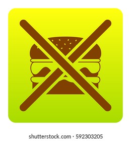 No burger sign. Vector. Brown icon at green-yellow gradient square with rounded corners on white background. Isolated.