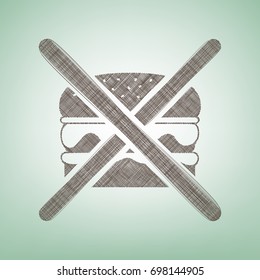 No burger sign. Vector. Brown flax icon on green background with light spot at the center.