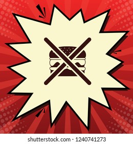 No burger sign. Vector. Dark red icon in lemon chiffon shutter bubble at red popart background with rays.