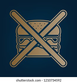 No burger sign. Vector. Golden icon and border at dark cyan background.