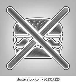 No burger sign. Vector. Pencil sketch imitation. Dark gray scribble icon with dark gray outer contour at gray background.