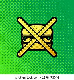 No burger sign. Vector. Pop art orange to yellow dots-gradient icon with black contour at greenish background.