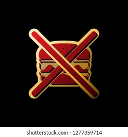 No burger sign. Vector. Red icon with small black and limitless shadows at golden sticker on black background.