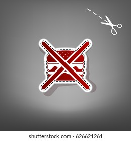 No burger sign. Vector. Red icon with for applique from paper with shadow on gray background with scissors.