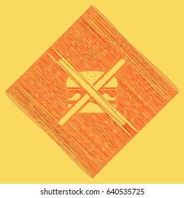 No burger sign. Vector. Red scribble icon obtained as a result of subtraction rhomb and path. Royal yellow background.