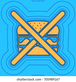 No burger sign. Vector. Sand color icon with black contour and equidistant blue contours like field at sky blue background. Like waves on map - island in ocean or sea.