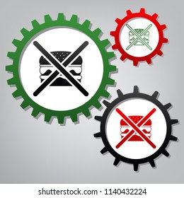 No burger sign. Vector. Three connected gears with icons at grayish background.