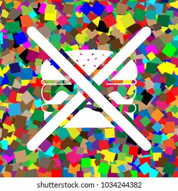 No burger sign. Vector. White icon on colorful background with seamless pattern from squares.