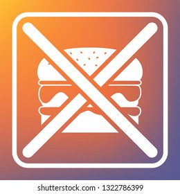 No burger sign. Vector. White icon on transparent button at orange-violet gradient background.