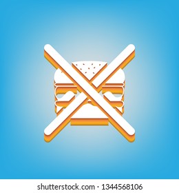 No burger sign. Vector. White icon with 3d warm-colored gradient body at sky blue background.