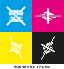 No burger sign. Vector. White icon with isometric projections on cyan, magenta, yellow and black backgrounds.