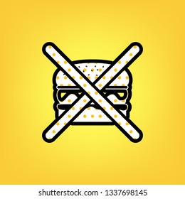 No burger sign. Vector. Yellow polka dot white icon with black contour at warm yellow background.