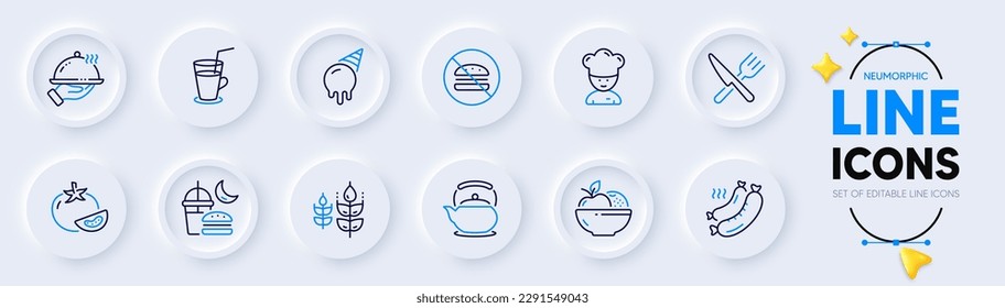 No burger, Tomato and Teapot line icons for web app. Pack of Food, Fruits, Grilled sausage pictogram icons. Ice cream, Restaurant food, Night eat signs. Cocktail, Cooking chef, Gluten free. Vector